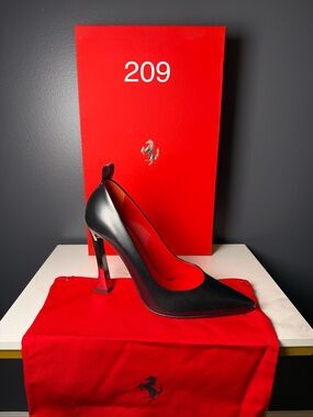 Ferrari Black Leather Pointed-Toe Stiletto with Red Interior